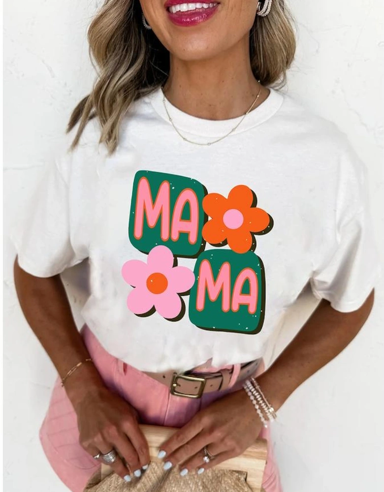 White MAMA Flower Graphic Crewneck Tee
