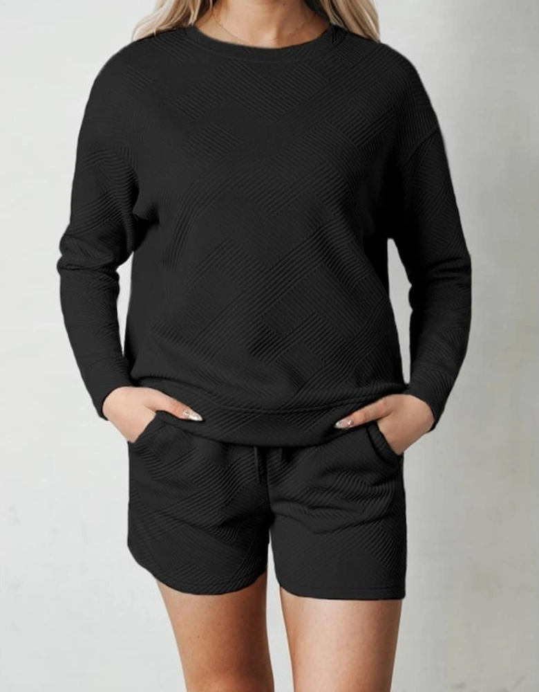 Black Textured Long Sleeve Top and Drawstring Shorts Set