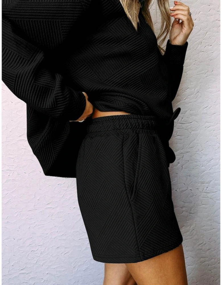 Black Textured Long Sleeve Top and Drawstring Shorts Set