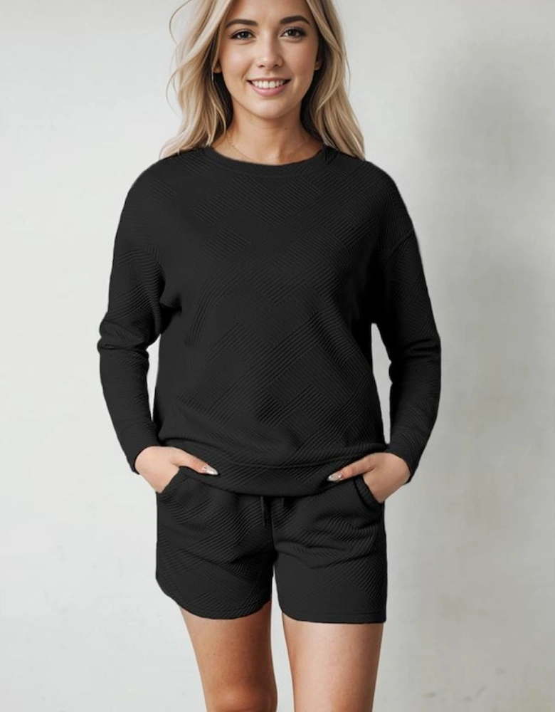 Black Textured Long Sleeve Top and Drawstring Shorts Set