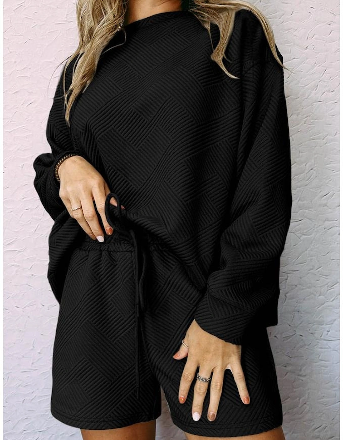 Black Textured Long Sleeve Top and Drawstring Shorts Set