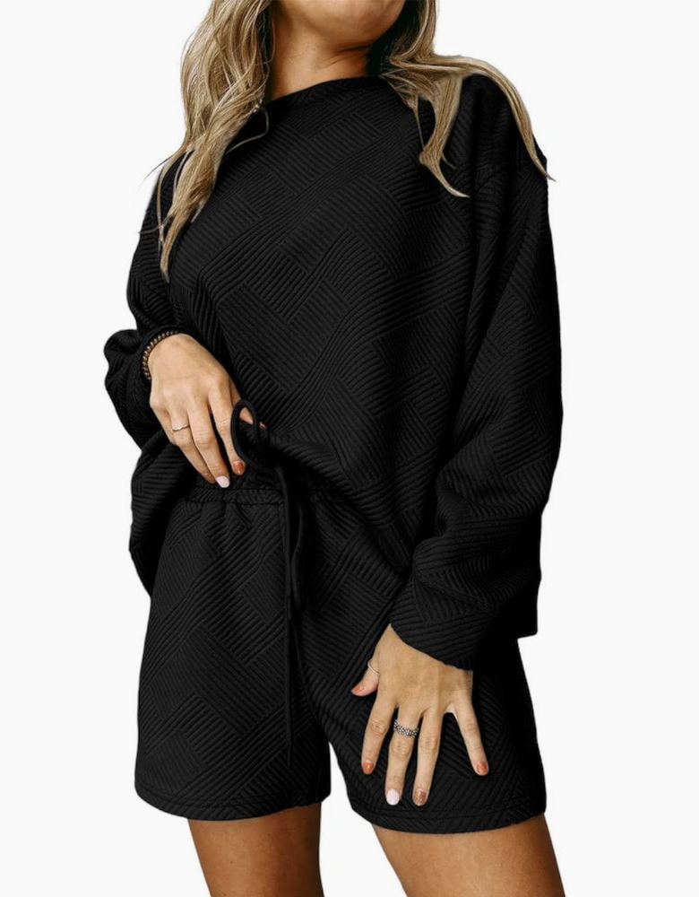 Black Textured Long Sleeve Top and Drawstring Shorts Set
