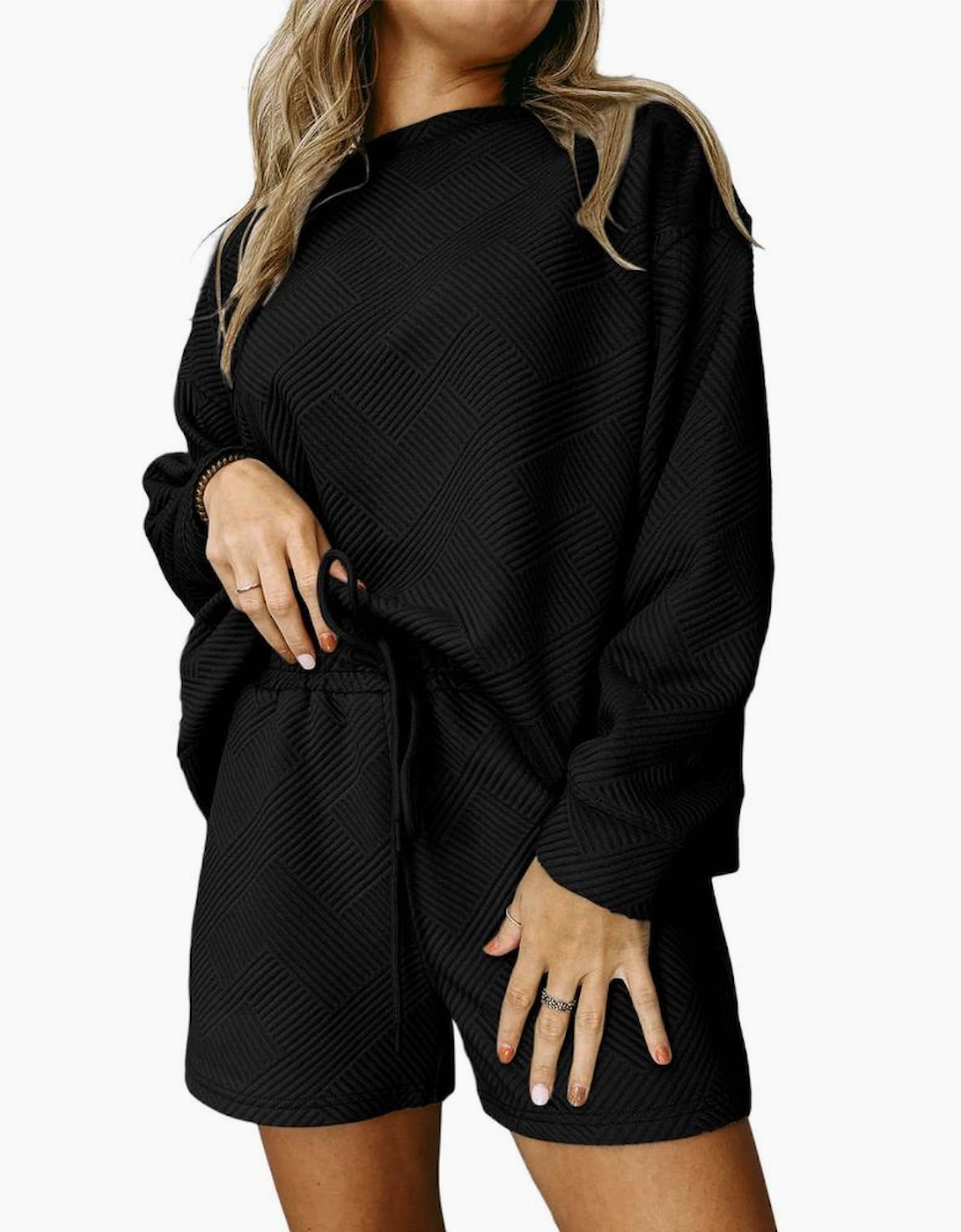 Black Textured Long Sleeve Top and Drawstring Shorts Set