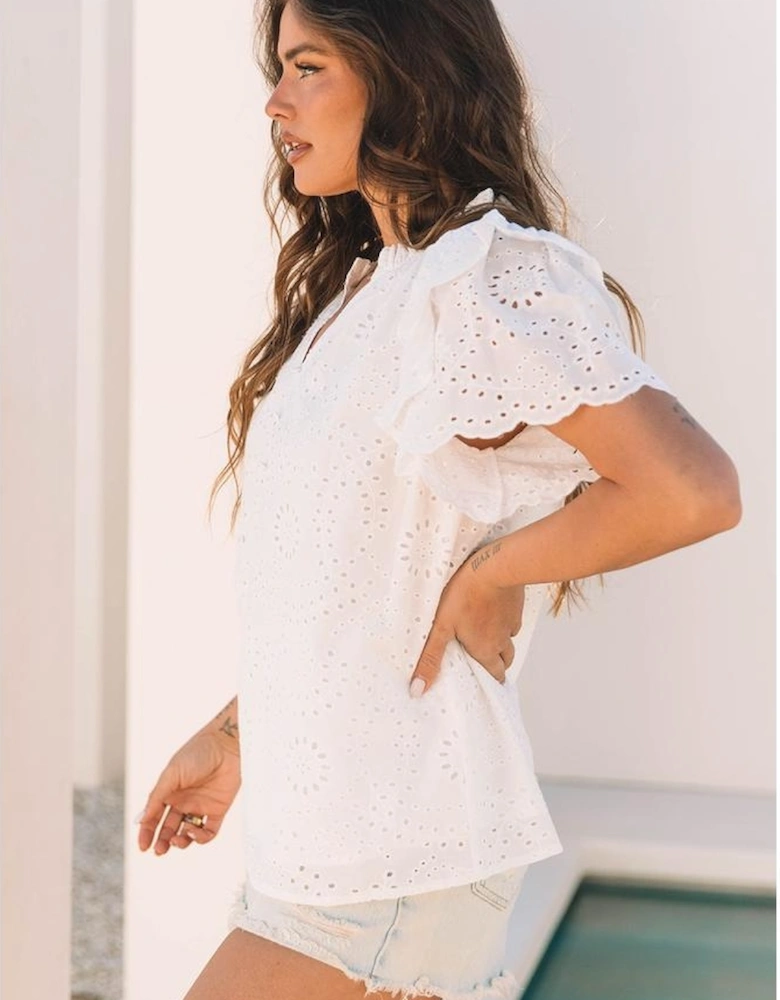 White Broderie Anglaise Ruffle Short Sleeve Blouse