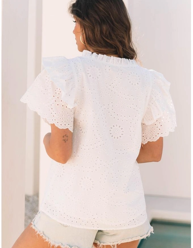White Broderie Anglaise Ruffle Short Sleeve Blouse