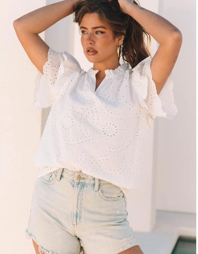 White Broderie Anglaise Ruffle Short Sleeve Blouse