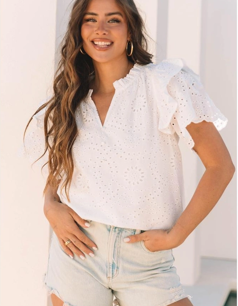 White Broderie Anglaise Ruffle Short Sleeve Blouse