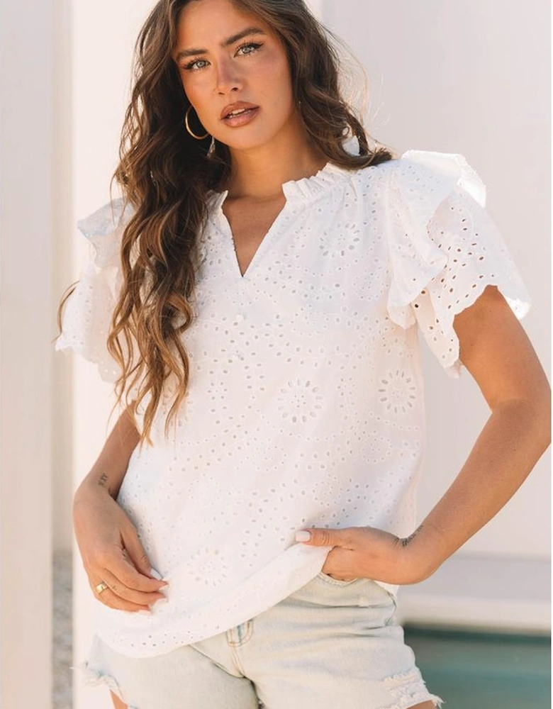 White Broderie Anglaise Ruffle Short Sleeve Blouse