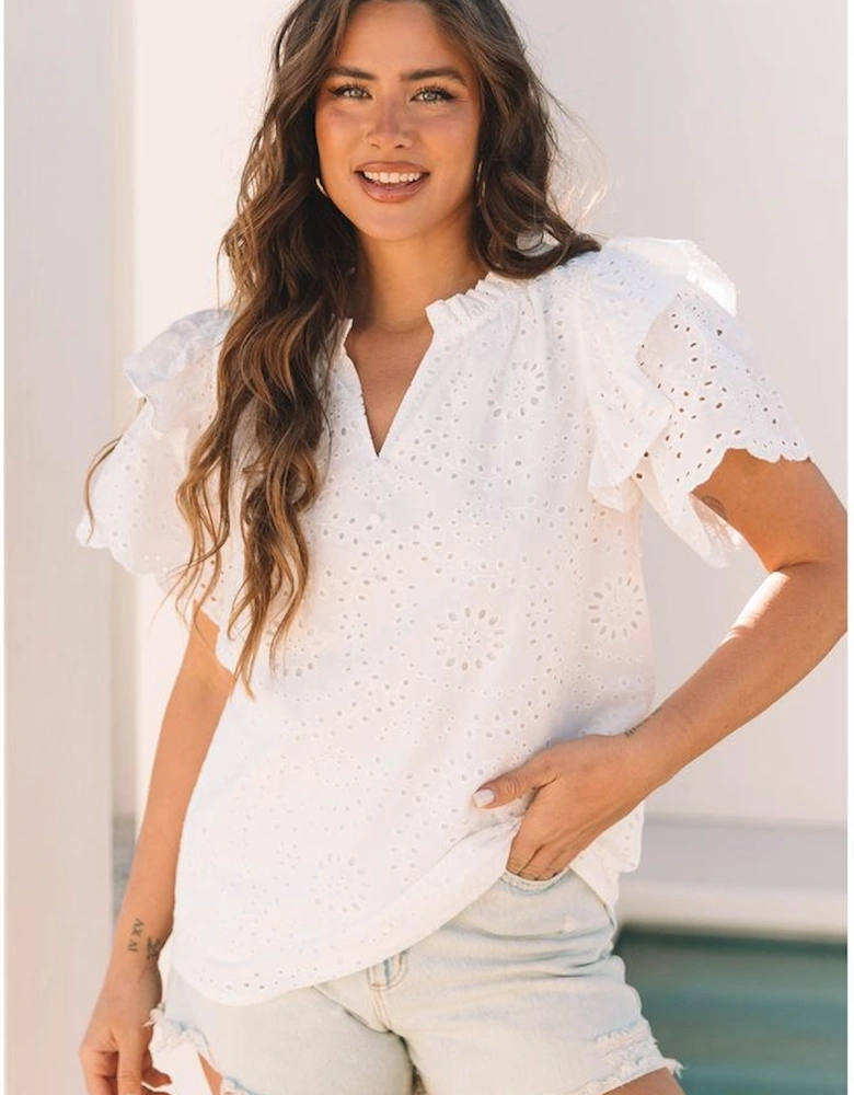 White Broderie Anglaise Ruffle Short Sleeve Blouse