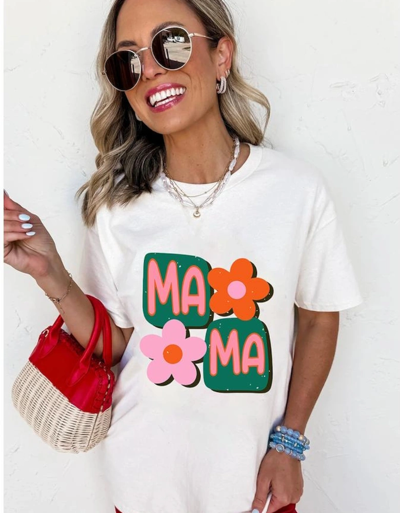 White MAMA Flower Graphic Crewneck Tee