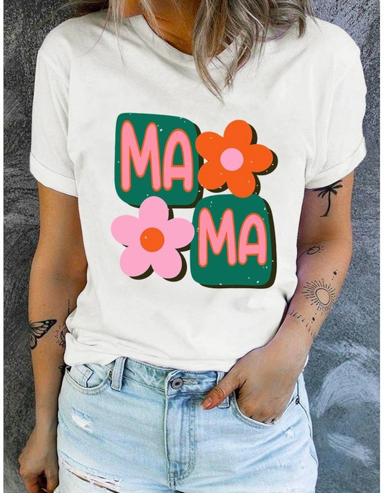 White MAMA Flower Graphic Crewneck Tee