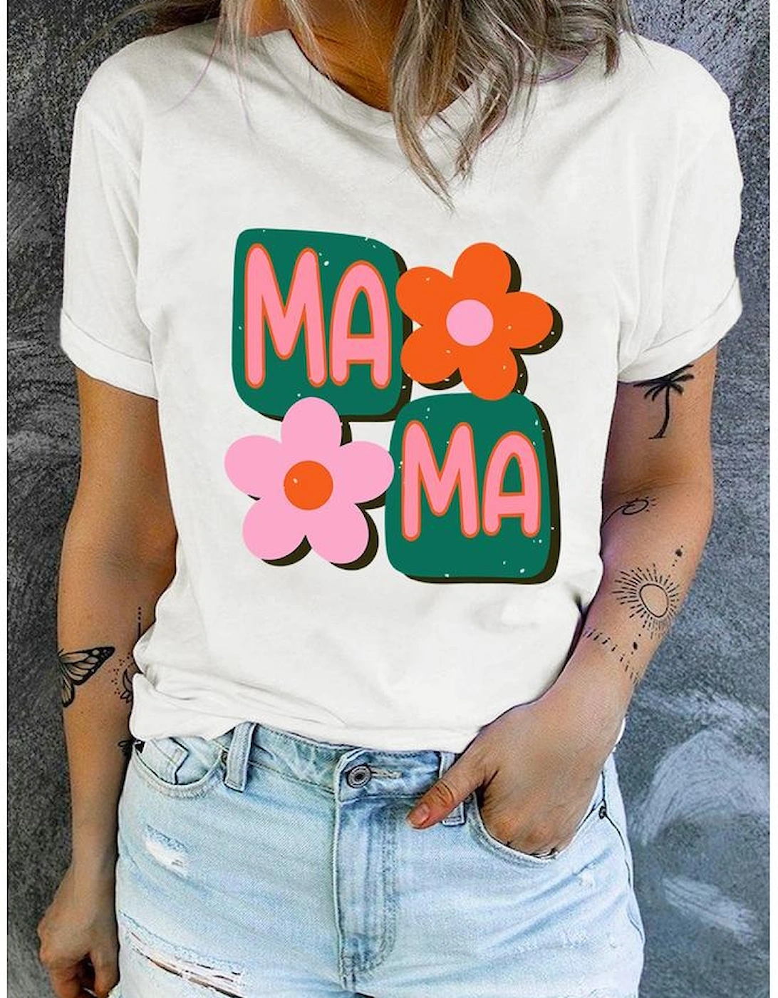 White MAMA Flower Graphic Crewneck Tee