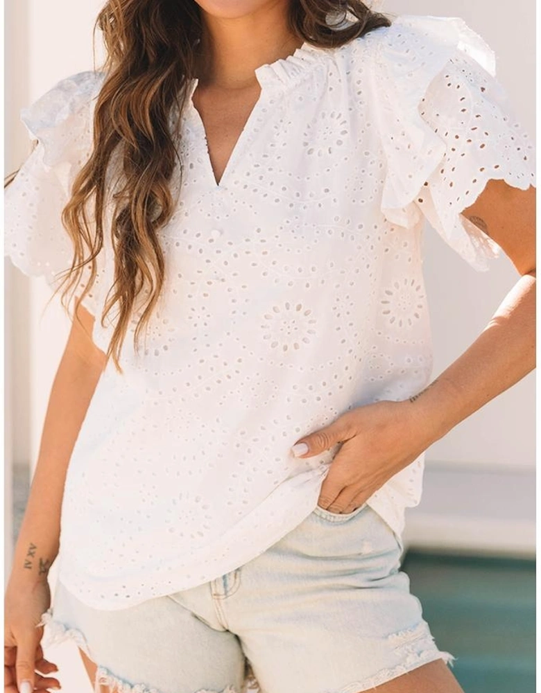 White Broderie Anglaise Ruffle Short Sleeve Blouse