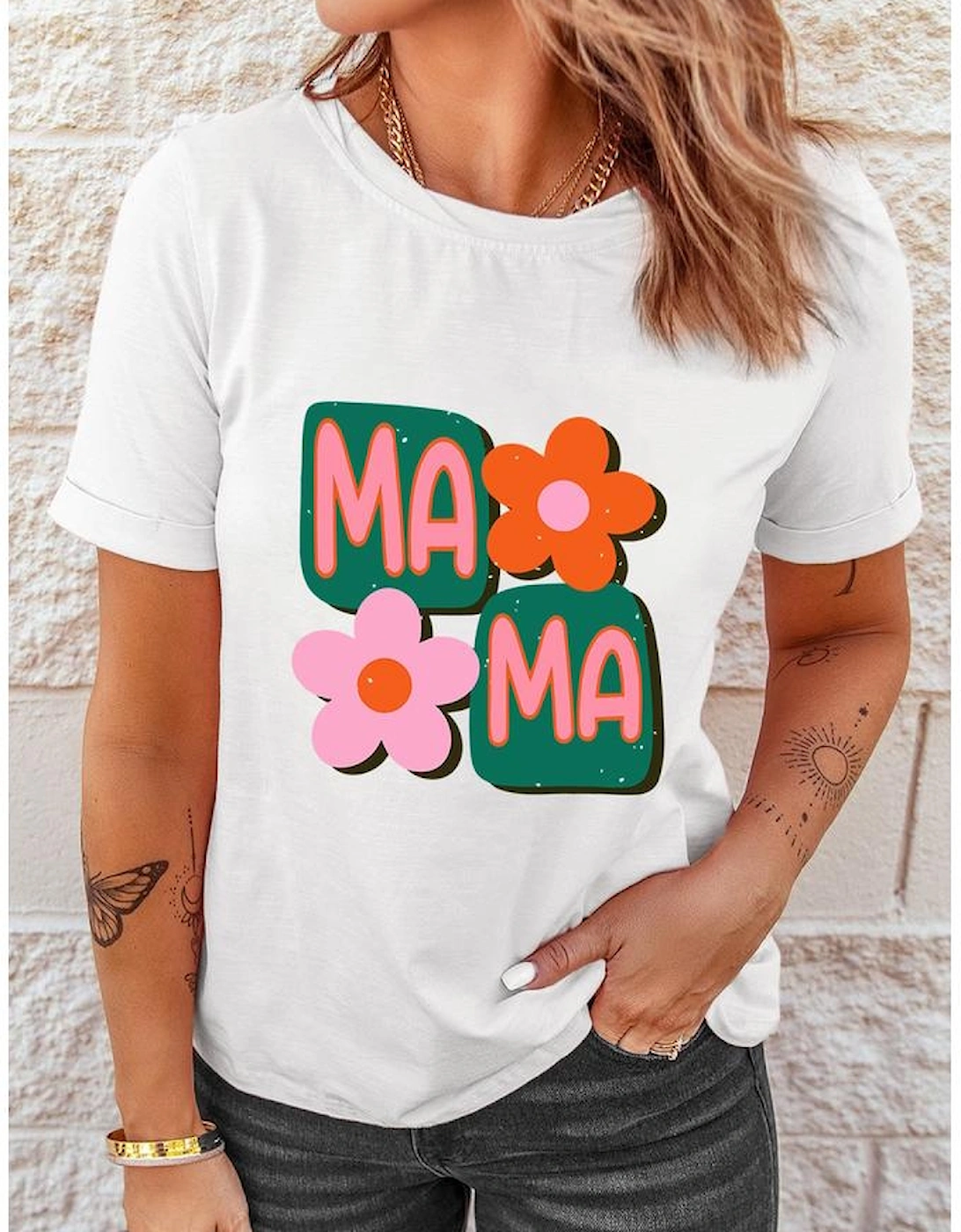 White MAMA Flower Graphic Crewneck Tee