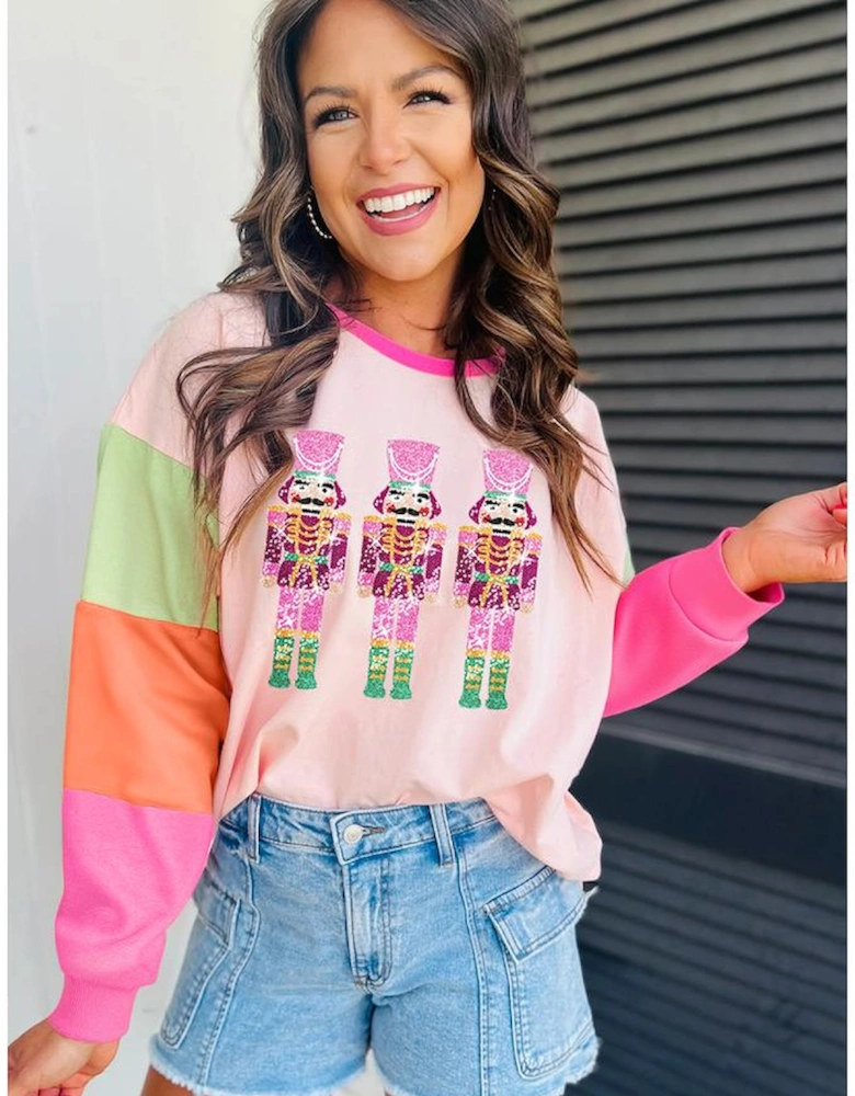 Pink Christmas Sequin Nutcracker Graphic Colorblock Long Sleeve Top