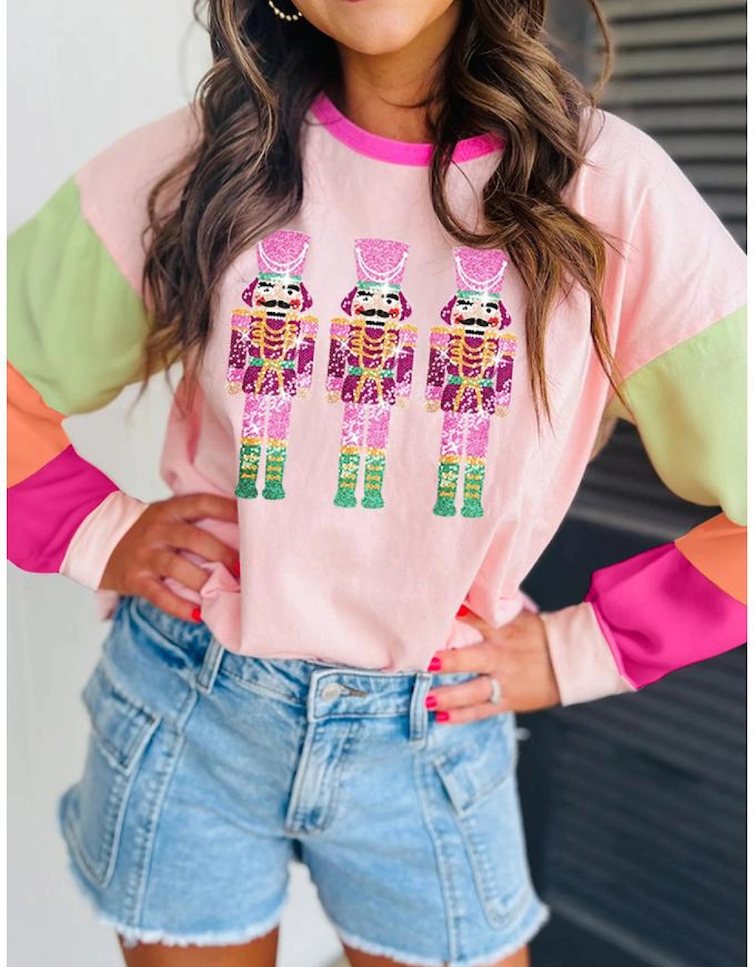 Pink Christmas Sequin Nutcracker Graphic Colorblock Long Sleeve Top