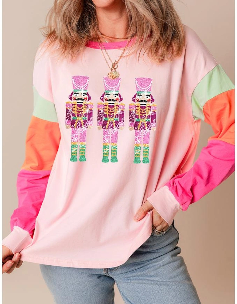 Pink Christmas Sequin Nutcracker Graphic Colorblock Long Sleeve Top
