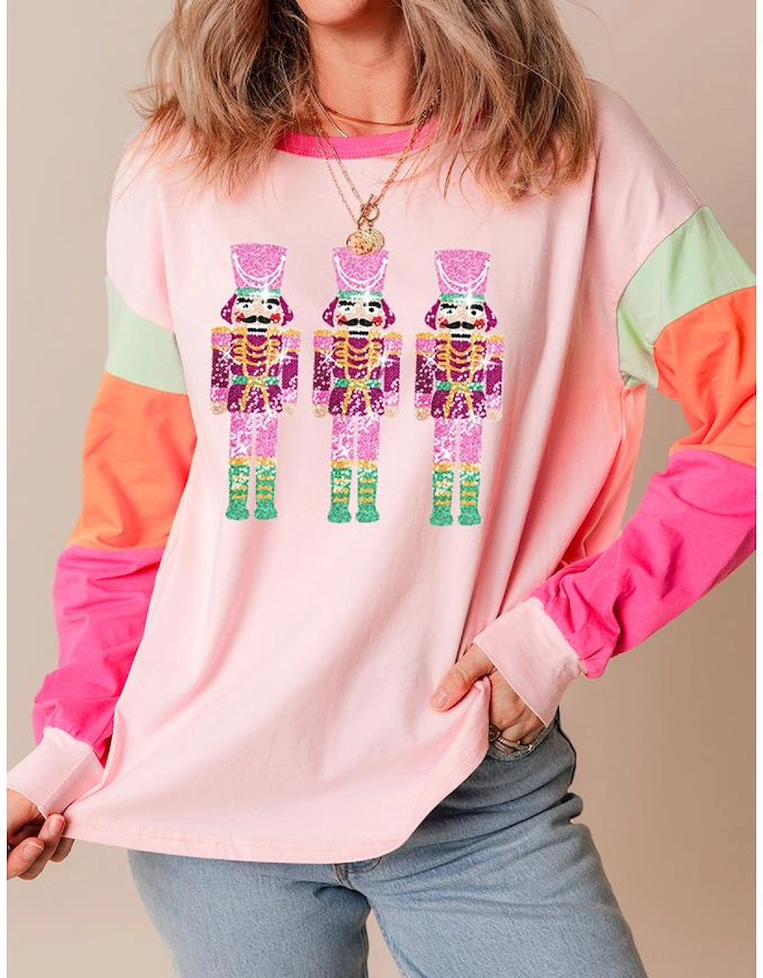 Pink Christmas Sequin Nutcracker Graphic Colorblock Long Sleeve Top, 14 of 13