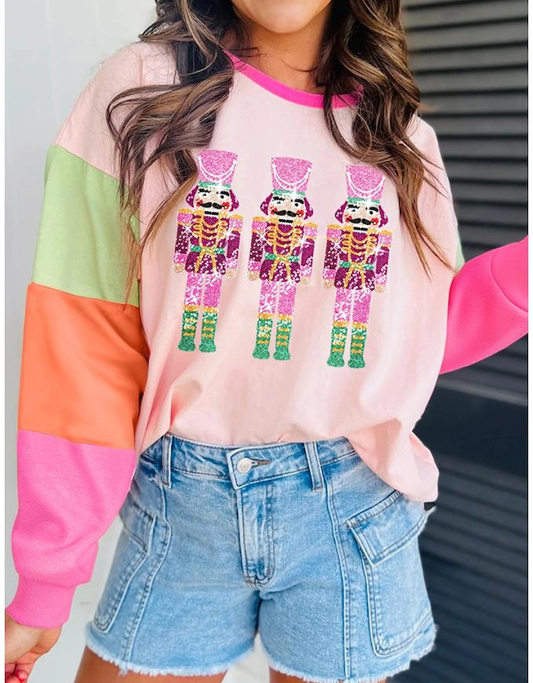 Pink Christmas Sequin Nutcracker Graphic Colorblock Long Sleeve Top