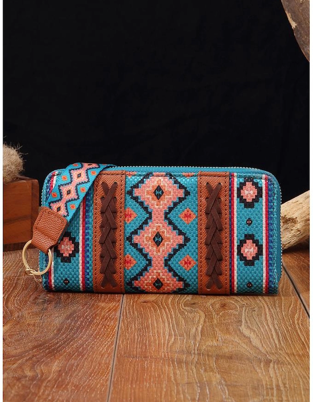 Ashleigh Blue Western Aztec Print PU Leather Wristlet Wallet