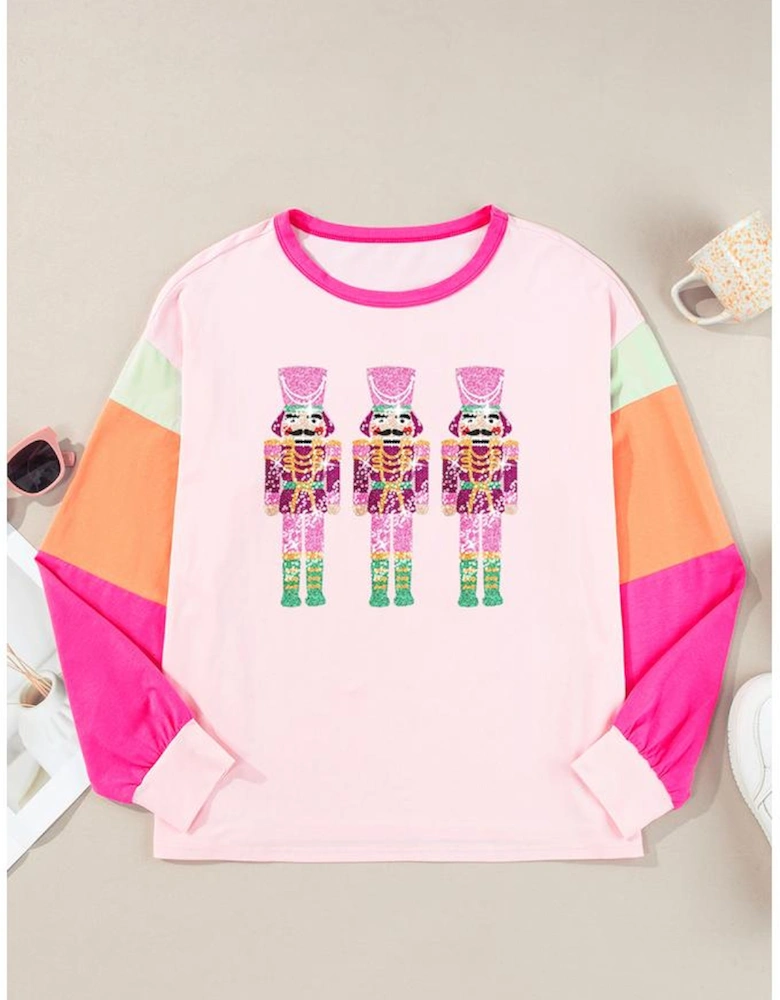 Pink Christmas Sequin Nutcracker Graphic Colorblock Long Sleeve Top