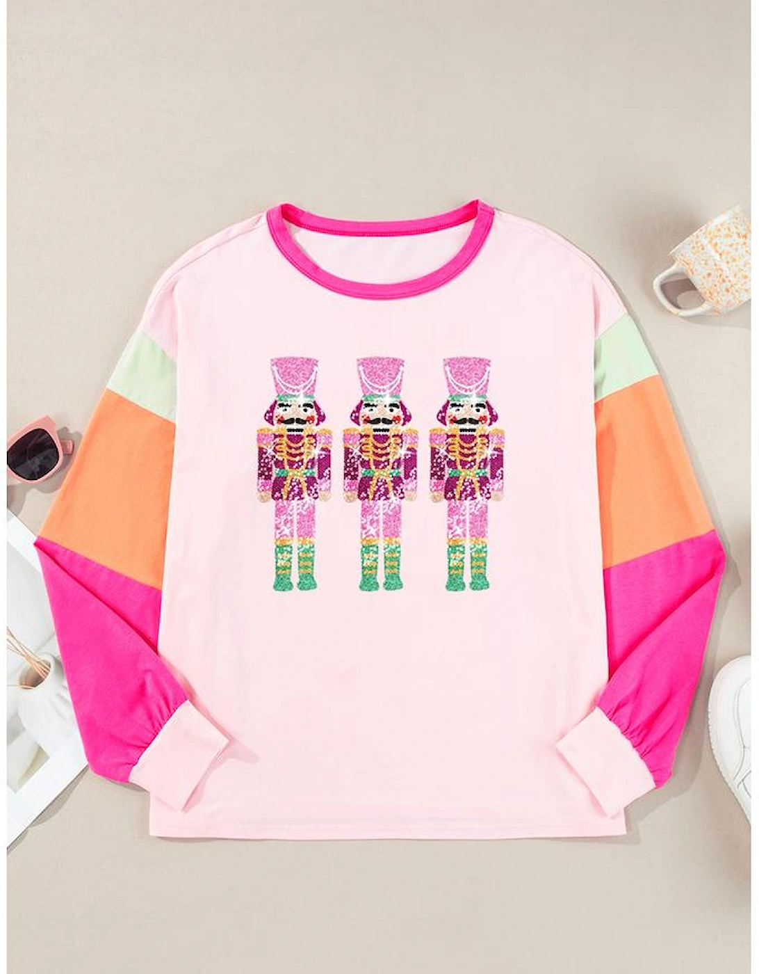 Pink Christmas Sequin Nutcracker Graphic Colorblock Long Sleeve Top