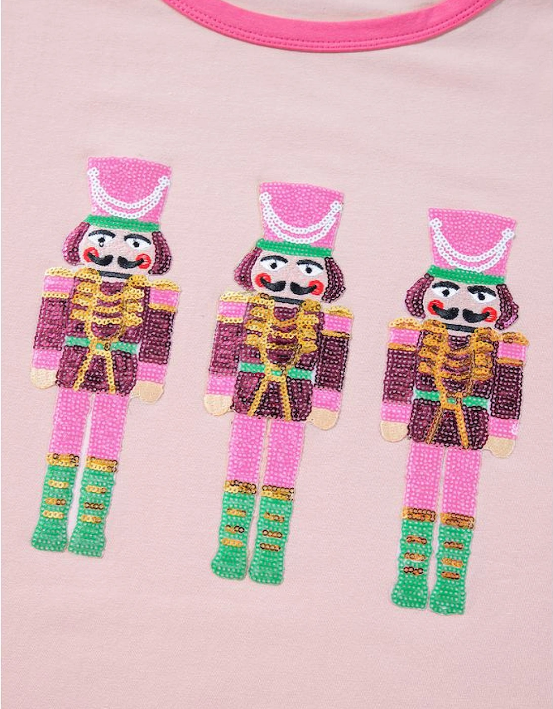 Pink Christmas Sequin Nutcracker Graphic Colorblock Long Sleeve Top