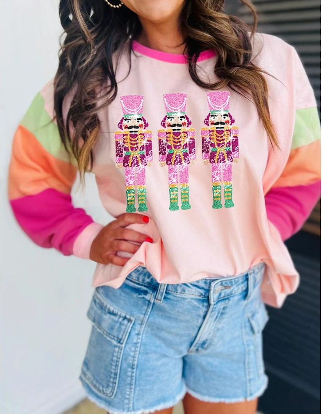 Pink Christmas Sequin Nutcracker Graphic Colorblock Long Sleeve Top