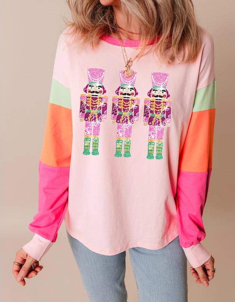 Pink Christmas Sequin Nutcracker Graphic Colorblock Long Sleeve Top