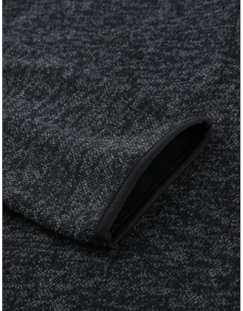 Black Heathered Print Button Snap Neck Pullover Hoodie