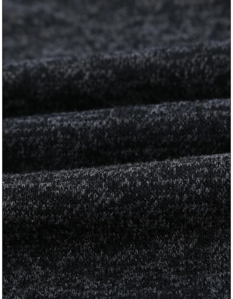 Black Heathered Print Button Snap Neck Pullover Hoodie