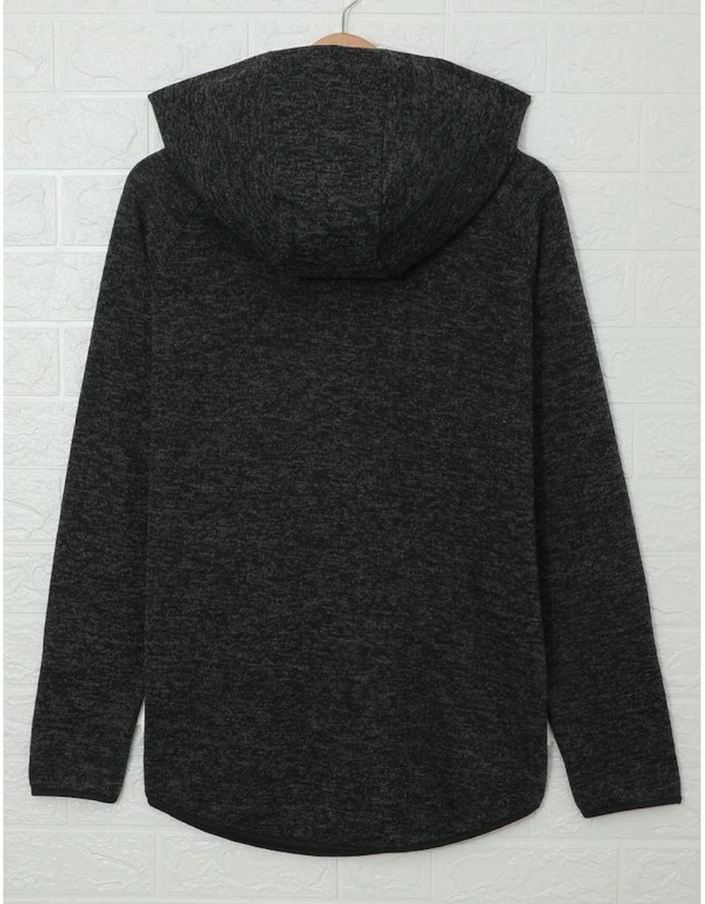 Black Heathered Print Button Snap Neck Pullover Hoodie