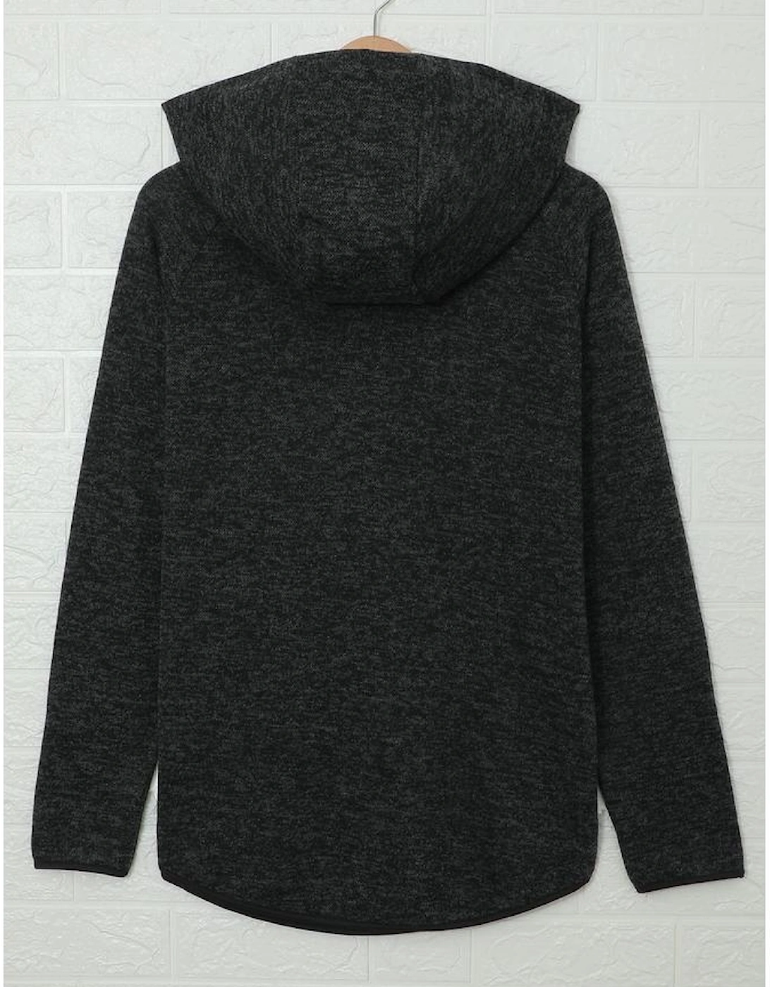 Black Heathered Print Button Snap Neck Pullover Hoodie