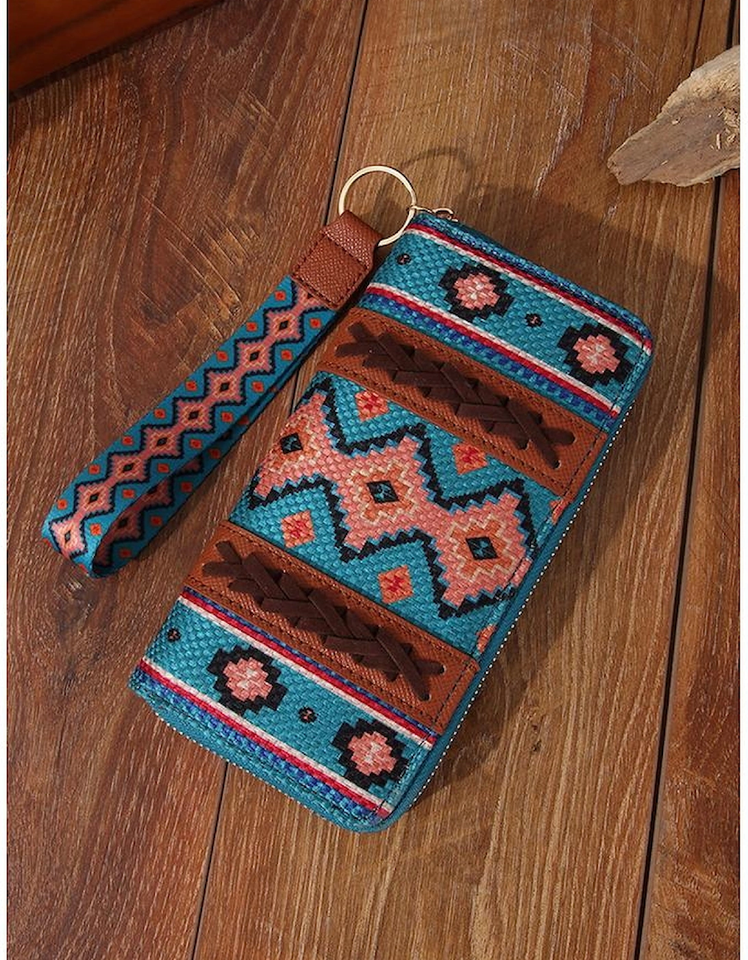 Ashleigh Blue Western Aztec Print PU Leather Wristlet Wallet