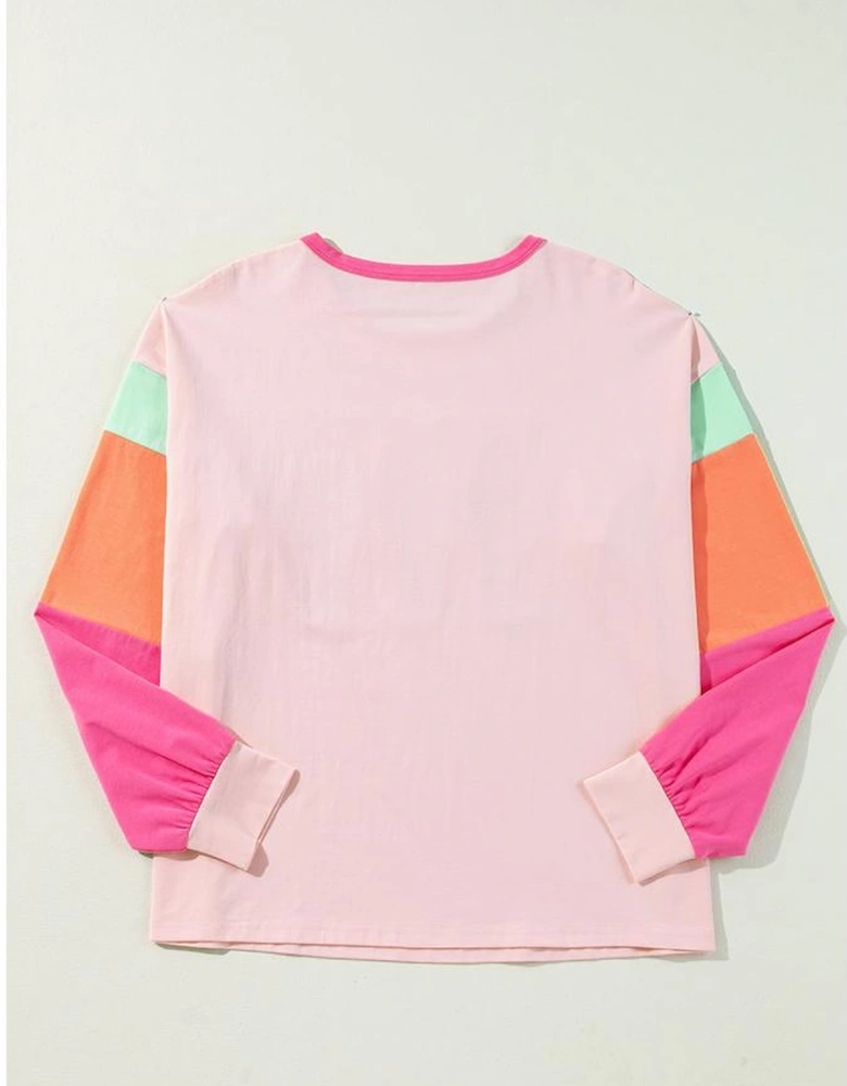 Pink Christmas Sequin Nutcracker Graphic Colorblock Long Sleeve Top
