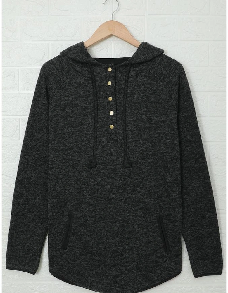 Black Heathered Print Button Snap Neck Pullover Hoodie
