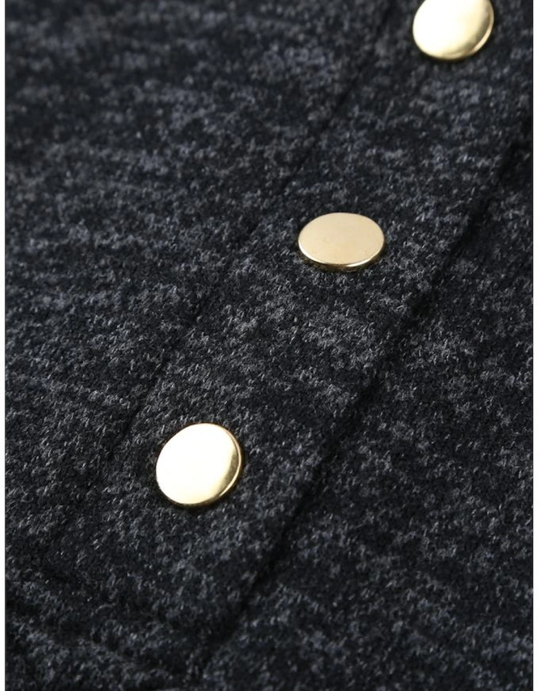 Black Heathered Print Button Snap Neck Pullover Hoodie