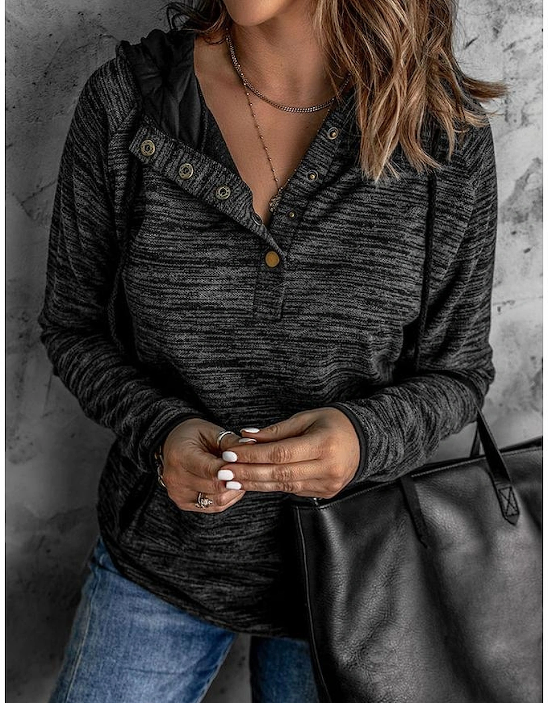 Black Heathered Print Button Snap Neck Pullover Hoodie