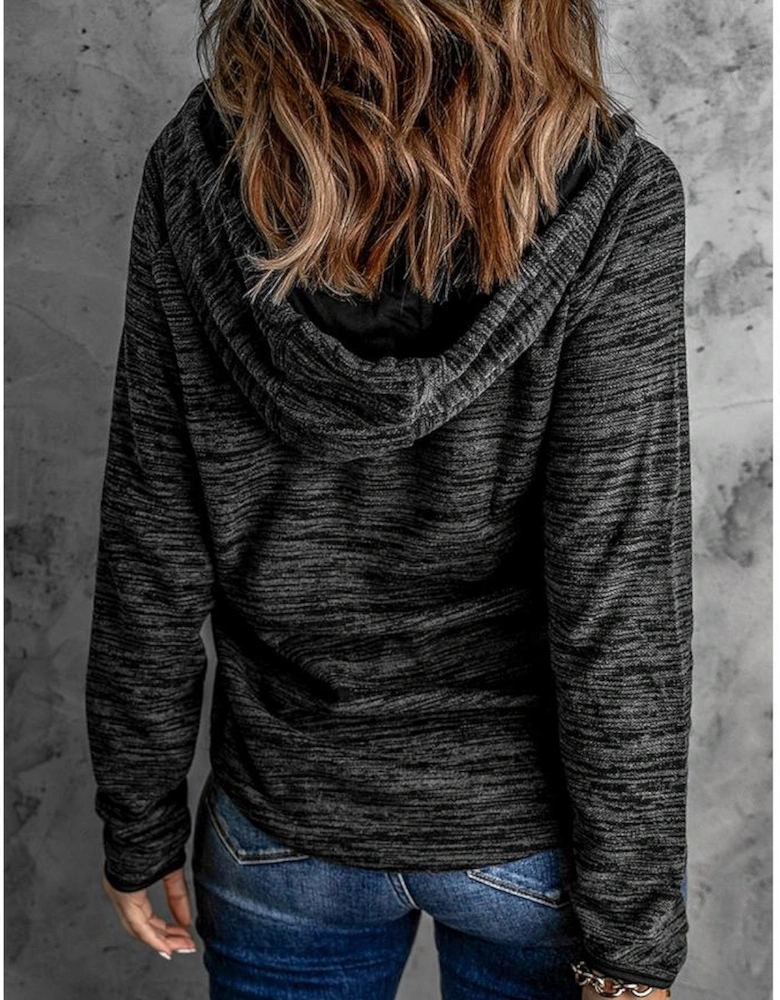 Black Heathered Print Button Snap Neck Pullover Hoodie