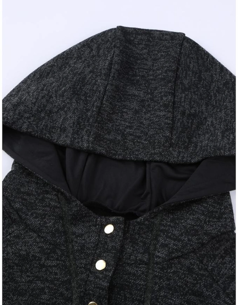 Black Heathered Print Button Snap Neck Pullover Hoodie