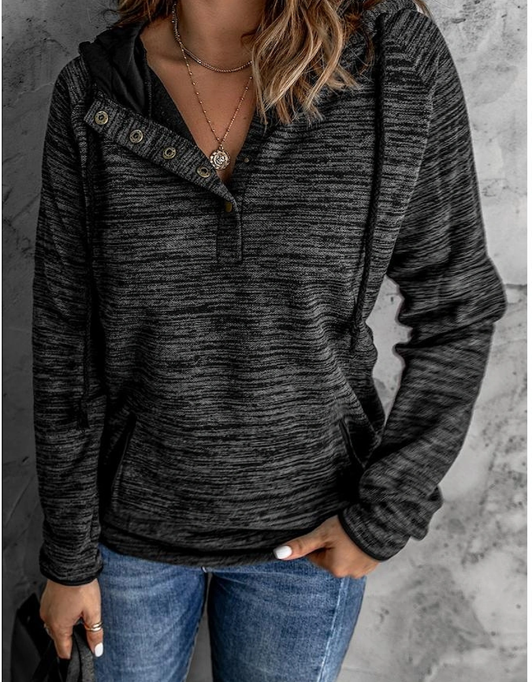 Black Heathered Print Button Snap Neck Pullover Hoodie