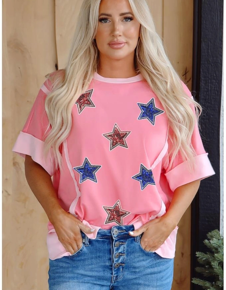 Peach Blossom Independence Day Sequin Star Graphic Contrast Patchwork Tee