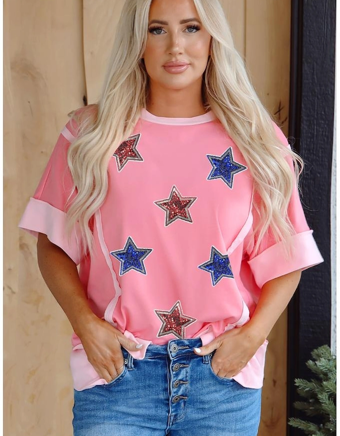 Peach Blossom Independence Day Sequin Star Graphic Contrast Patchwork Tee