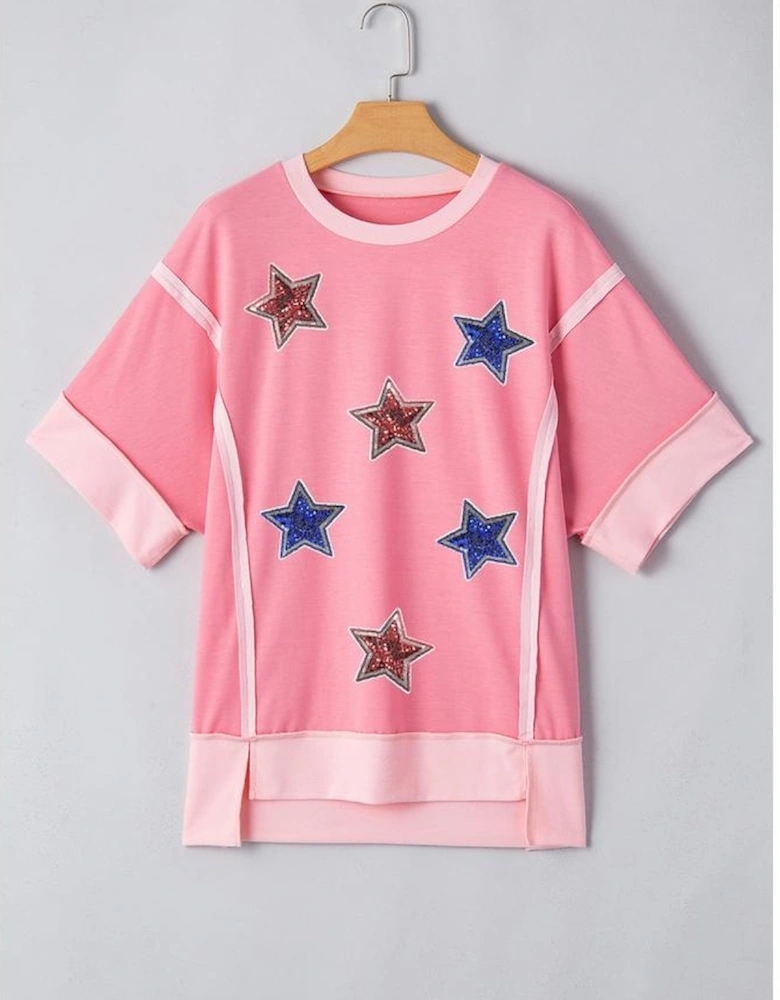 Peach Blossom Independence Day Sequin Star Graphic Contrast Patchwork Tee
