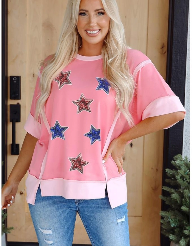 Peach Blossom Independence Day Sequin Star Graphic Contrast Patchwork Tee