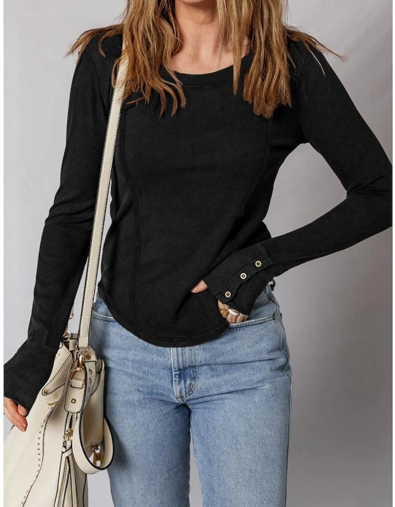 Black Exposed Seam Ribbed Long Sleeve Top