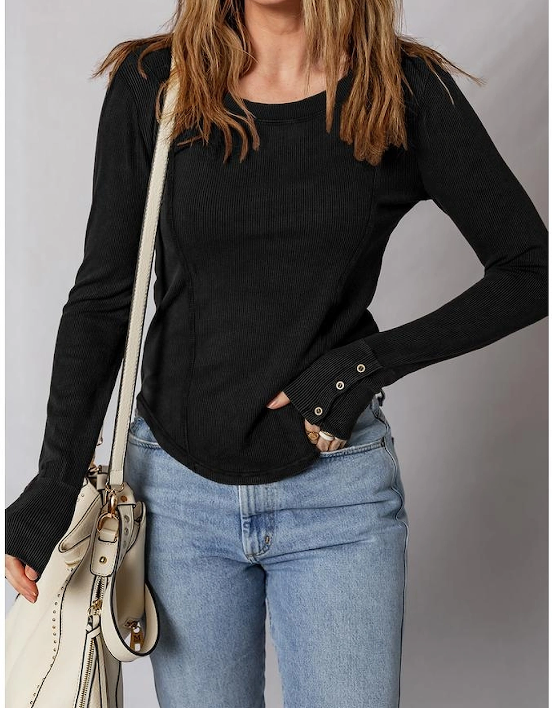 Black Exposed Seam Ribbed Long Sleeve Top