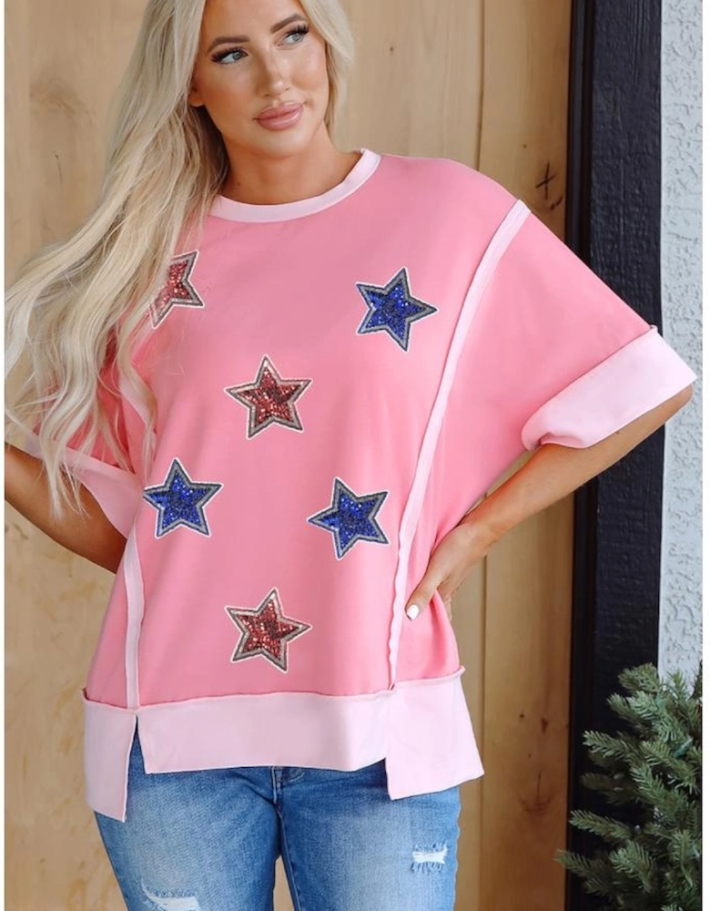 Peach Blossom Independence Day Sequin Star Graphic Contrast Patchwork Tee