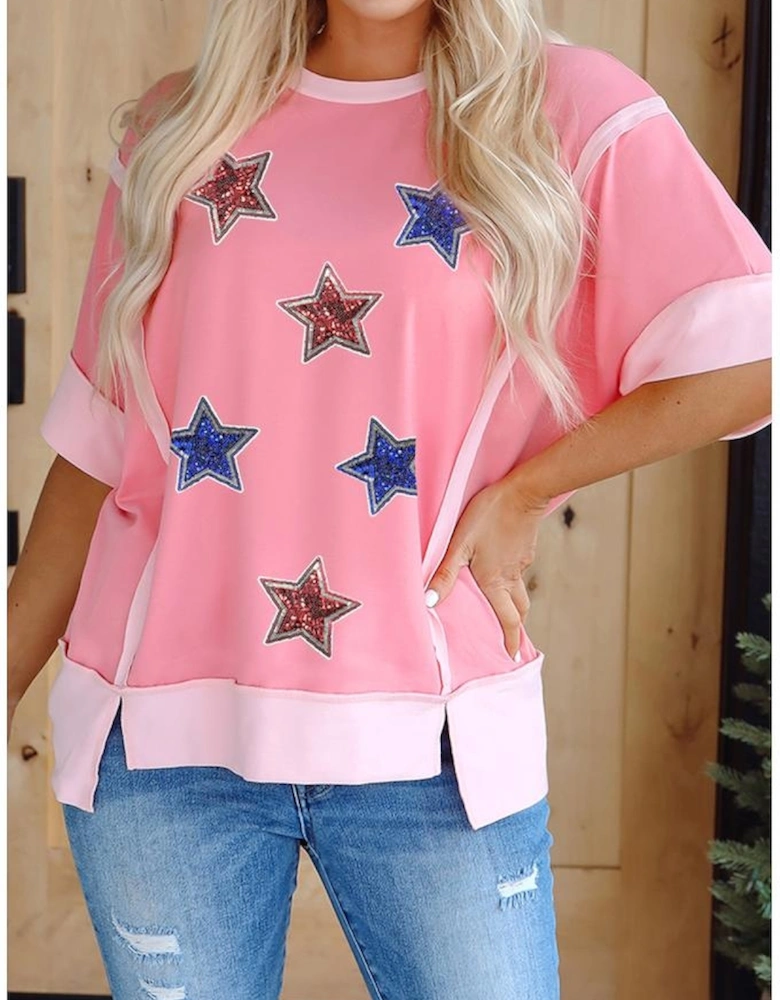 Peach Blossom Independence Day Sequin Star Graphic Contrast Patchwork Tee