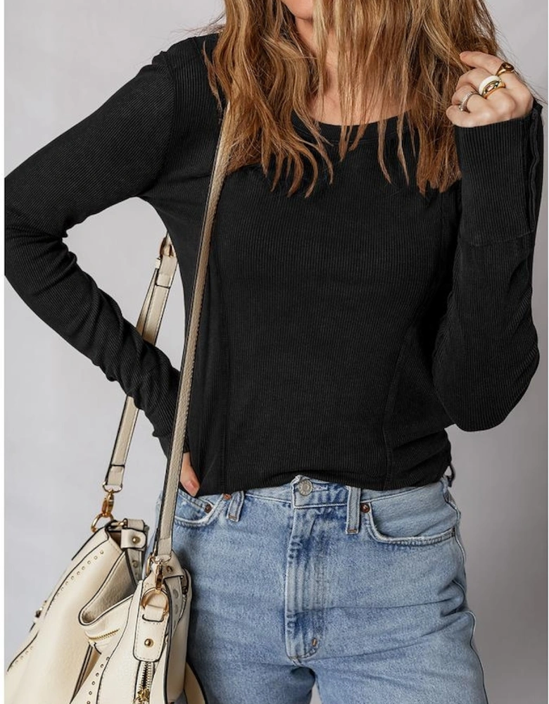 Black Exposed Seam Ribbed Long Sleeve Top